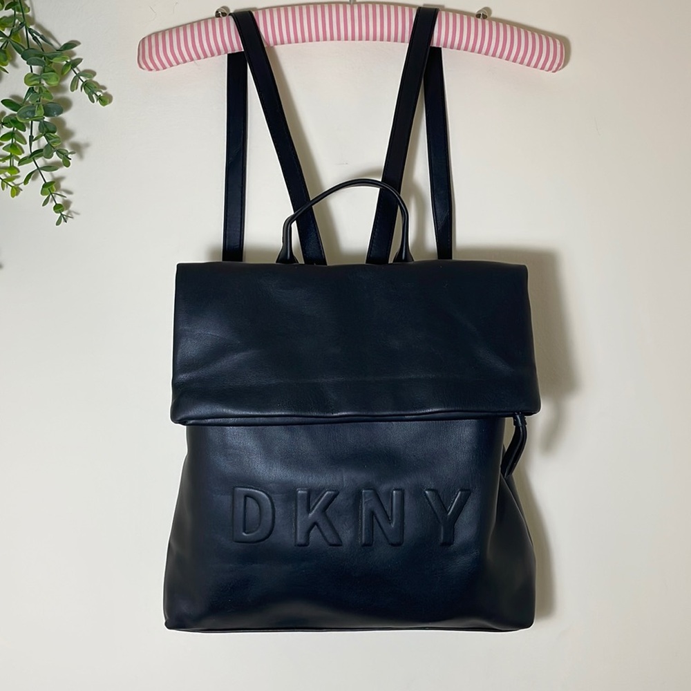 DKNY | Black Tilly Logo-embossed Soft Faux Leather Medium Fold Over Bag Backpack
